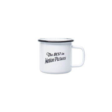 White enamel mug with black text 'The Best in Motion Pictures' and a red Oscars logo.
